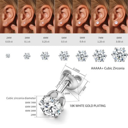 316L Stainless Steel Stud Set for Women Men, 20G Hypoallergenic Cartilage Jewelry with 2mm–8mm CZ Zirconia, Silver & Gold for Sensitive Ear Piercing - color: White Gold-7 Pairs Set