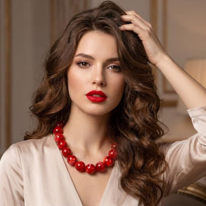 Chunky Necklaces for Women Trendy 20MM Large Resin Beaded Necklace Bold Statement Chunky Choker Necklace Boho Beads Summer Beach Jewelry - color: Red