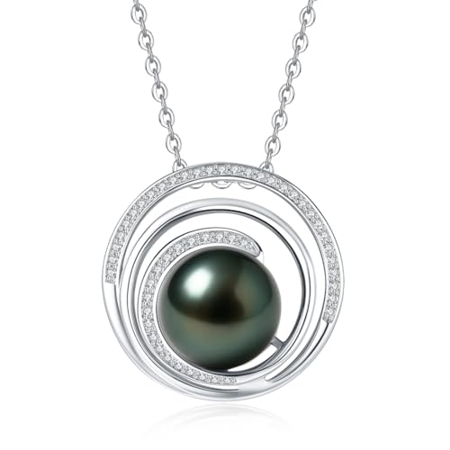 Genuine Tahitian Black Pearl Necklace for Women, 9-11mm AAAA Seawater Pearl with Sterling Silver Moissanite Pendant, Jewelry Gift for Wife, Mom, Girlfriend, Wedding Anniversary, Birthday, Christmas - size: 9-10mm, style: Circle