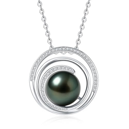 Genuine Tahitian Black Pearl Necklace for Women, 9-11mm AAAA Seawater Pearl with Sterling Silver Moissanite Pendant, Jewelry Gift for Wife, Mom, Girlfriend, Wedding Anniversary, Birthday, Christmas - size: 9-10mm, style: Circle