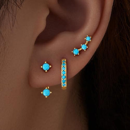 3 Pairs Dainty Small Earrings Set for Women Trendy, Birthstone Stud Huggie Hoop Jacket Stack for Cartilage Helix, Gold Plated Hypoallergenic Cute Women Fashion Accessories Western Jewelry Gifts - color: Created Turquoise (Gold)