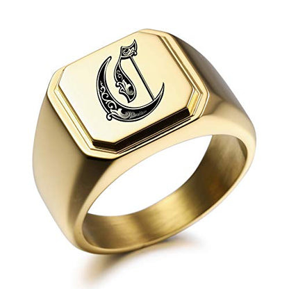 MeMeDIY Personalized Engraved Initial Monogram Signet Ring for Men Women Customize Stainless Steel Wedding Letter Rings Jewelry Bundle with Ring Size Adjusters - color: C1: Gold - Initial Royal