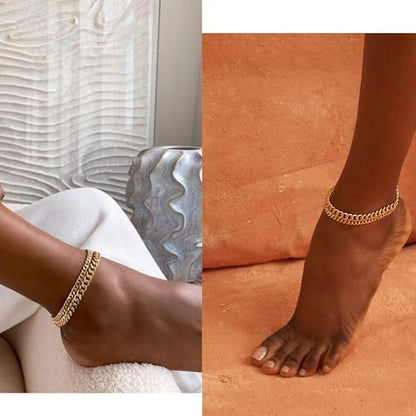 Foxgirl Gold Ankle Bracelets for Women 14K Gold Plated/Silver Anklets for Women Waterproof Minimalist Cuban Link Anklets Set Dainty Layered Ankle Bracelets Anklets for Women Gold Anklet Jewelry Gifts - style: Gold Plated