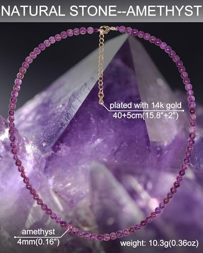Simple 4mm Gemstones and Crystals Choker Necklace Unisex 16"-18" | Necklaces for Women Men, Adjustable, 40-45 cm Chain Length, Handmade, Spiritual Gemstones, Positive Energy, Daily Wear - style: Amethyst