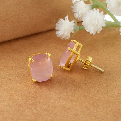 Women's 18K Gold Plated 8x10mm Princess Cut Gemstone Stud Earrings – Birthstone Jewelry for Her – Classic Cushion Studs - color: Rose Elisha