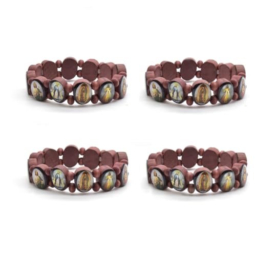 DATOA 4Pcs Wooden Jesus Virgin Mary Bracelet Saints Rosary Stretch Wooden Small Panel Bracelet Religious Saints Jesus Gift - style: Style B