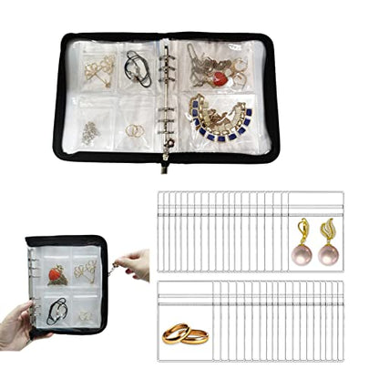 Travel Jewelry Organizer: Book-Style, Zipper, Anti-Tarnish & Foldable Case | Book-style foldable travel jewelry organizer, zipper pouch with dust protection, anti-tarnish liner, daily storage - color: Black