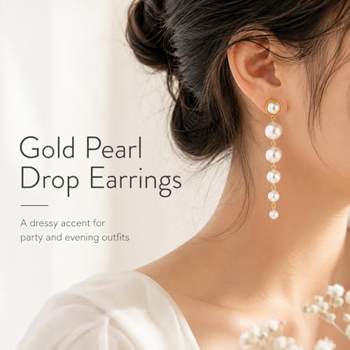 Graduated Pearl Drop Earrings for Women, Elegant Long Linear Tassel Dangle Earrings for Wedding Guest or Bride, Hypoallergenic Formal Party Jewelry