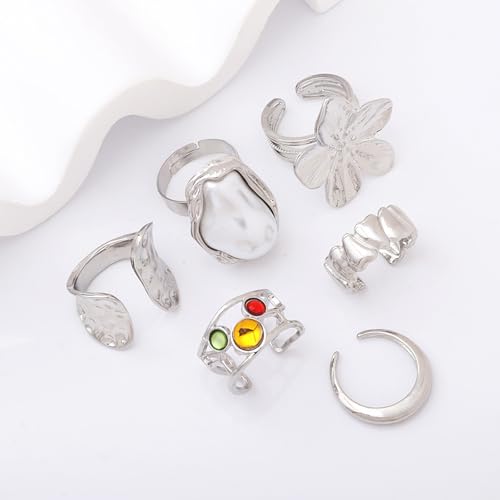 3/6 PCS Silver Chunky Pearl Rings Set for Women Gold Baroque Pearl Flower Open Ring Adjustable Crystal Large Ring Set Personalized Statement Knuckle Rings Fashion Costume Jewelry Accessories - color: crystal silver