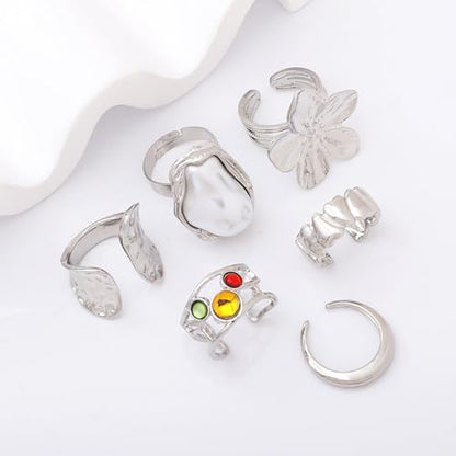 3/6 PCS Silver Chunky Pearl Rings Set for Women Gold Baroque Pearl Flower Open Ring Adjustable Crystal Large Ring Set Personalized Statement Knuckle Rings Fashion Costume Jewelry Accessories - color: crystal silver