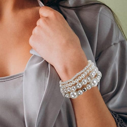 4 Pcs Pearl Bracelets for Women, White Simulated Pearl Beaded Bracelet Set, Stretch Stackable Faux for Women, Elegant Bridal Jewellery