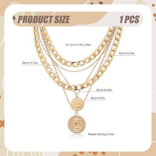 Vintage Pirate Necklace for Women, Layered Chunky Gold Chain with Coin Pendant, 80s 90s Retro Costume Accessories Women Men Jewelry