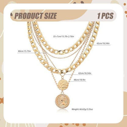 Vintage Pirate Necklace for Women, Layered Chunky Gold Chain with Coin Pendant, 80s 90s Retro Costume Accessories Women Men Jewelry