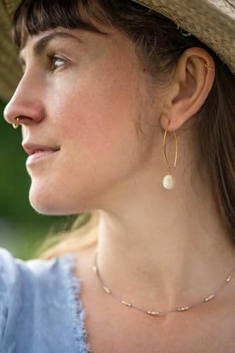 Raw Turquoise/Shell Pearl Drop Dangle Earrings 18K Gold Plated Long Hook Wire Threader Earrings for Women Bohemian Ear Jewelry Gift for Her