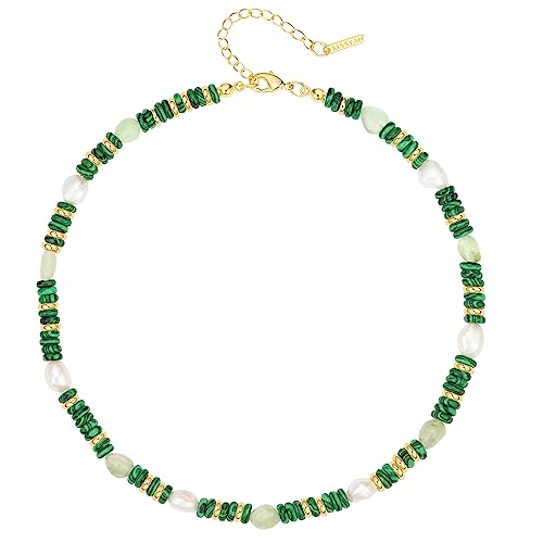 KissYan Beaded Gemstone Necklaces for Women | Colorful Bead Natural Stone Choker with 14K Gold Plated Spring Ring Clasp, Handmade Knot Jewelry for Summer Beach - color: N-Malachite
