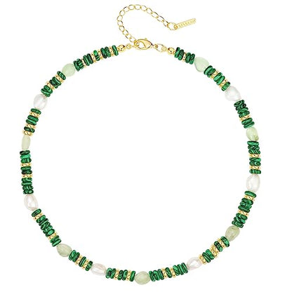 KissYan Beaded Gemstone Necklaces for Women | Colorful Bead Natural Stone Choker with 14K Gold Plated Spring Ring Clasp, Handmade Knot Jewelry for Summer Beach - color: N-Malachite