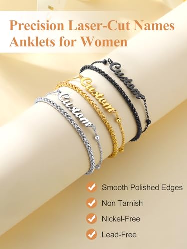 Custom4U Custom Name Anklet Bracelets for Women Waterproof Beaded/Figaro/Cuban/Rope/Wheat Chain Anklet Stackable Gold Plated Non Tarnish Custom Beach Gift Barefoot Summer Jewelry for Her - color: D03-Black Wheat Chain