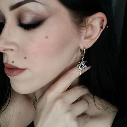 PUNKYOUTH Gothic Crest Dangle Drop Hoop Earrings Dark Alternative Piercing Jewelry 18G 1mm Antique Finish Ornate Scroll Cubic Zirconia Spike Statement Everyday Wear Accessories For Women Men - color: Winged Heartburst Earring-Silver