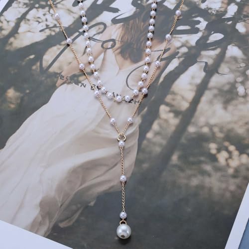 Boho Pearl Y Lariat Necklace Gold Pearl Y Necklace Layered Pearl Choker Necklace Wedding Pearl Pendant Necklace Long Pearl Drop Necklace Jewelry for Women