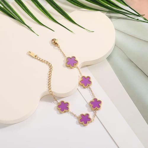 TICVSS Four Leaf Clover Bracelet for Women 18K Gold Plated Stainless Steel Lucky 4 Leaf Gold Link Bracelet Jewelry Gift for Women - color: Purple