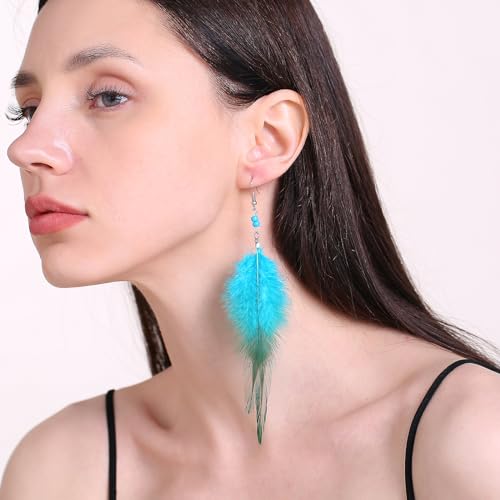 RUOFFETA Long Feather Earrings for Women, Boho Bohemian Earrings Multicolor Tassel Handmade Feather Earrings for Women Dangling - style: M-Blue