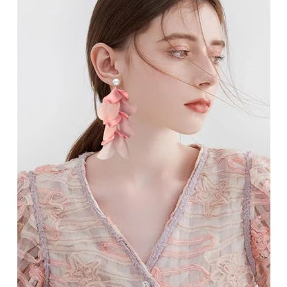 Handmade Bohemian Lightweight Fabric Flower Dangle Drop Earrings Chic Pearl Large Tassel Petal Stud Earrings For Women - color: Pink