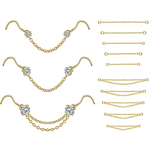 PunkTracker 20G Nose Rings 2mm 2.5mm 3mm CZ Nose Studs | with Chains Surgical Steel Nose Piercing Jewelry Nose Ring Studs - style: Gold, Nose Screw