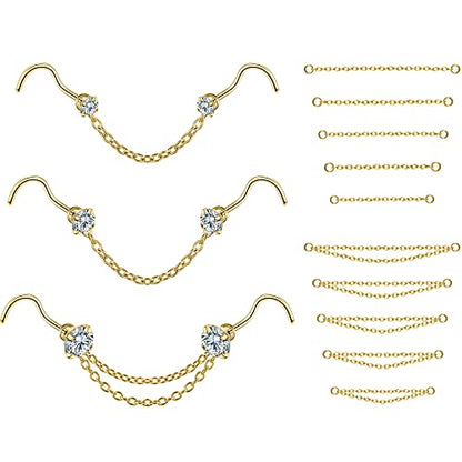 PunkTracker 20G Nose Rings 2mm 2.5mm 3mm CZ Nose Studs | with Chains Surgical Steel Nose Piercing Jewelry Nose Ring Studs - style: Gold, Nose Screw