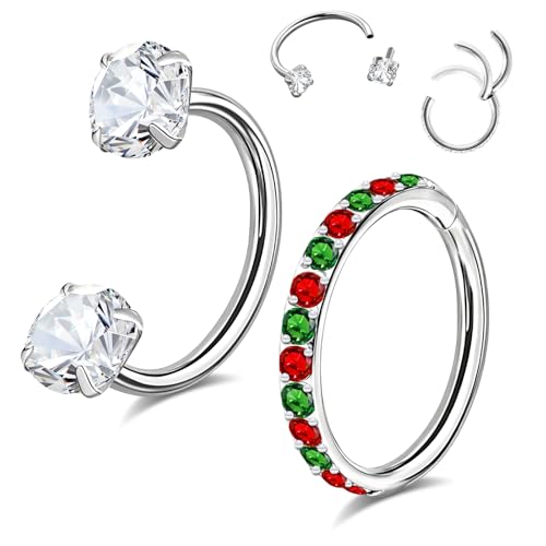 ONESING Horseshoe Nose Ring and Nose Hoop 16G Stainless Steel Hoop Nose Rings for Women Men Horseshoe Nose Piercings Jewelry for Septum Daith Tragus Helix Rook Eyebrow Lip Piercing Inner 6mm/7mm/8mm - color: Green &red, size: 7mm