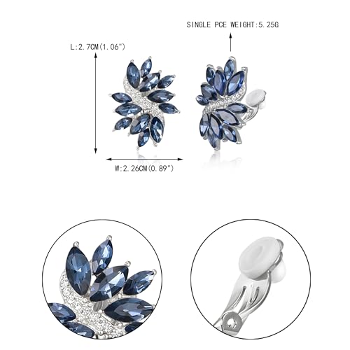 EVER FAITH Sparkly Rhinestone Clip-on Earrings for Women Bride, Fashion Marquise Crystal Cluster Wedding Bridal Stud Earring for Prom Formal Party - color: Sapphire Blue Silver-Tone