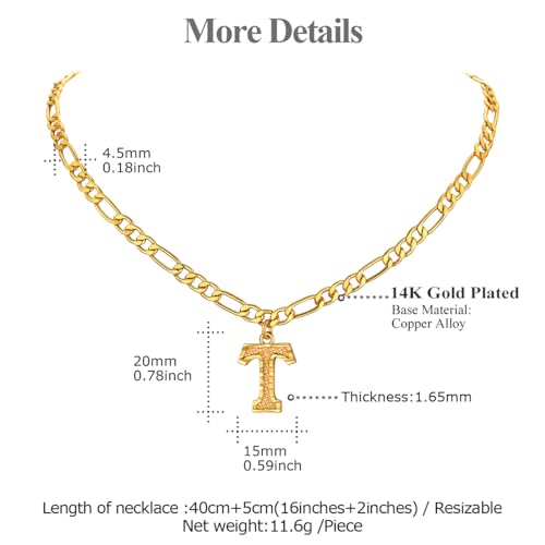 14K Gold Plated Initial Necklaces for Women Men A-Z Letter Necklaces | Figaro Chain, 16"+2" Adjustable Length, with Gift Box - style: T