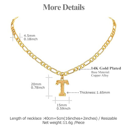 14K Gold Plated Initial Necklaces for Women Men A-Z Letter Necklaces | Figaro Chain, 16"+2" Adjustable Length, with Gift Box - style: T