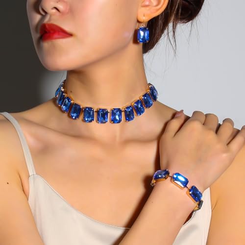 KOSMOS-LI Rectangle Faux Crystal Jewelry Sets Includ Necklace Bracelet Earrings For Women Stocking Stuffers - color: blue