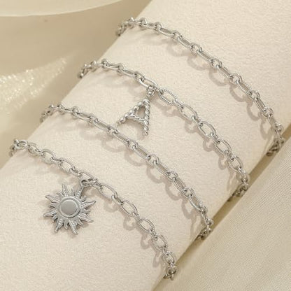 10 PCS Bracelets for Women Stainless Steel Chain Link Bracelet Set | 6.7 Inches with Extender, Jewelry Gifts for DIY, Chains Bulk, Oval, Curb, Figaro Chains, 18K Gold Plated, Silver, Chunky - color: Cable Silver