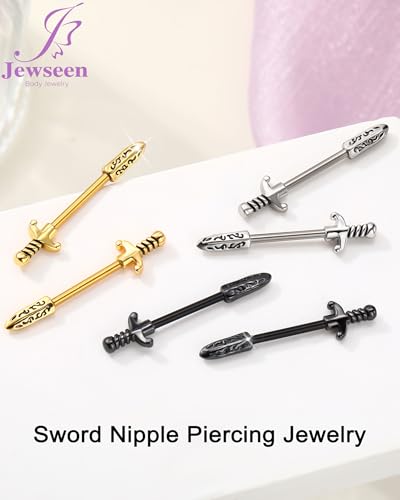 Jewseen 14G Nipple Rings Sword Nipple Piercing Jewelry Surgical Steel Nipple Barbell Straight Bar Body Piercing Jewelry for Women - color: Black