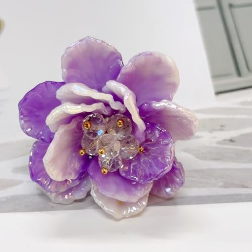 Dtja Large Blossom Flower Statement Ring for Women Silver Plated Colorful Resin Daisy Cherry Floral Adjustable Open Wrap Finger Rings Elegant Wedding Theme Party Jewelry - color: Purple