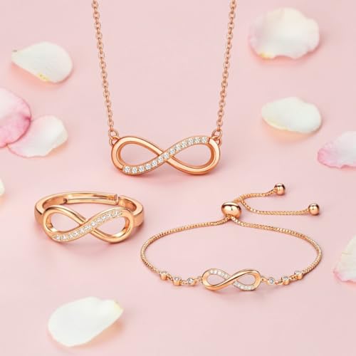 Nilu's Collection Infinity Shape Cubic Zirconia Diamond Bracelet for Women, Jewelry for Gift, Adjustable Charm Bracelet (Rose Gold Necklace + Bracelet) - color: Rose Gold Pendant+ Bracelet+Ring