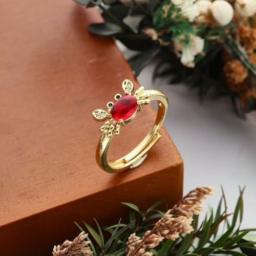 Dtja Crystal Crab Statement Ring for Women Gold Plated Expandable Cute Marine Animal Adjustable Open Wrap Finger Ring Elegant Birthday Holiday Party Jewelry - color: Red