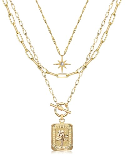 MJartoria Layered Necklaces for Women, 14K Gold Plated Brass | Star Choker, Square Birth Flower, Paperclip Chain, Trendy - color: Gold, style: Z02-Violets