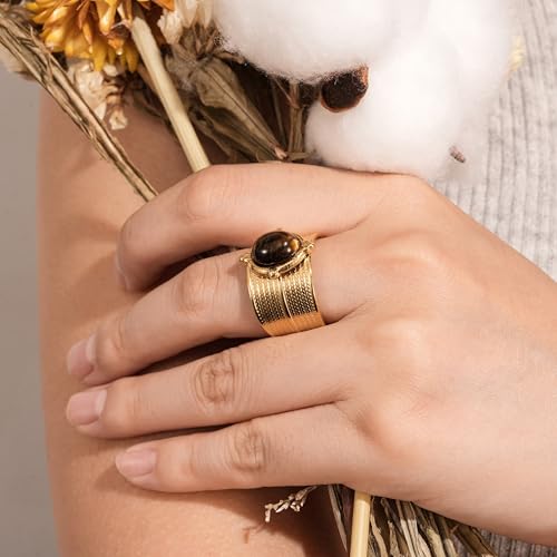 Western Captivating Tiger's Eye Stone Ring,Solitaire 8 * 10mm Oval Cut Gemstone 18K Gold Plated Stack 13mm Wide Ribbed Texture Band Statement Ring for Women - style: Tiger's Eye A
