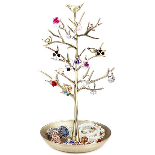 Jewelry Tree Stand Holder with Tray Ear Ring Organizer Gold | Metal Necklace Earring Display 11.8"×5.9" for Women Teen Girls Home Table Decor Tree-like Design with Bird on the Top - color: Gold
