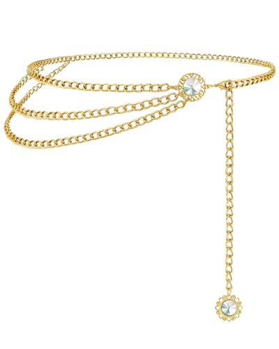 Chain Belt for Women Fashion Multilayer Metal Waist Chain Dress Belt Adjustable - size: Fit Waist Up to 35'', style: Diamond Gold