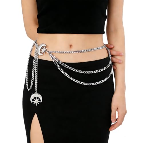 3 Layered Metal Waist Chain Belt for Women Moon & Sun Belly Belt Body Chain Jewelry for Dress Jeans - color: Silver-Rhinestone