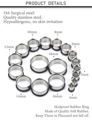 12G-25mm Single Flared Gauges Tunnels Stretching Kit 316L Surgical Steel O-ring Ear Gauges Plugs Earring Lobe flesh Tunnel Gauge Stretcher Silver Black Gold Color Tone - color: Silver, size: 6g/4g/2g/0g/00g/12mm/14mm/16mm18mm
