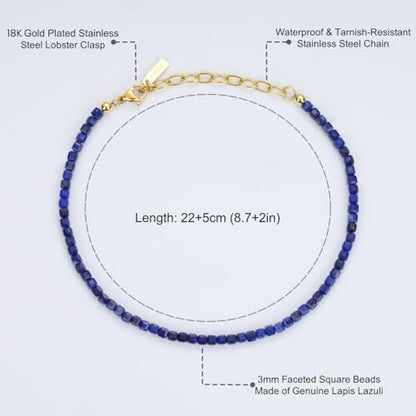 COAI Waterproof Anklet for Women, Square Crystal Beaded Anklet for Women, Red Carnelian/Turquoise/Lapis Lazuli - style: Lapis Lazuli