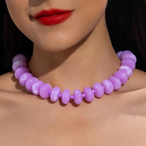 Beaded Necklace for Women Statement Chunky Necklace Boho Bead Choker Acrylic Big Bead Necklaces Summer Beach Jewelry for Women - color: Purple