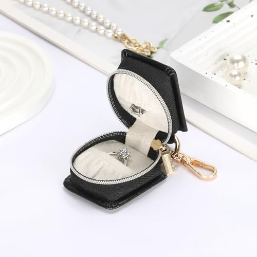 KUKUVR Travel Jewelry Ring Holder Box with Keychain (Black) | Small Ring Earring Stud Necklace Storage Case, for Gym Sports - color: Black