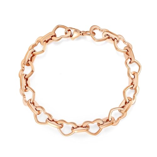 mnmoom Heart Bracelets for Women Stainless Steel with Rose gold, gold plating Heart links bracelets - color: Rose gold