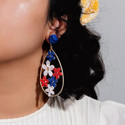 Boho Raffia Flower Teardrop Earrings Cute Colorful Dangle Trendy Jewelry | Floral Drop Statement Big Dangling Earring Hypoallergenic Gold Fun Unique Summer Spring Beach Vacation Outfits for Women - color: Flag