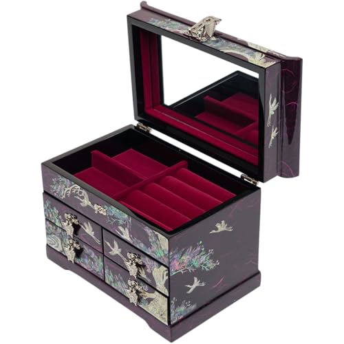 February Mountain Mother of Pearl Handcrafted Mother-of-Pearl Jewelry Box with Traditional Korean Design Mother's day Graduation Birthday Gifts for Women - style: Crane_Purple